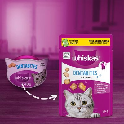 Whiskas Dentabites med kyckling, ny förpackning med 60 % mindre plast, 40 g. Stödjer kattens hälsa med vitaminer och mineralämnen. VOHC-testad.