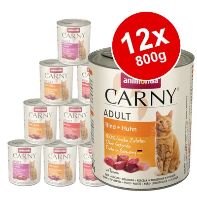 animonda Carny Adult cat food, visible flavours Rind + Huhn and Fleisch-Cocktail, 12 x 800g cans. Label shows 100% frische Zutaten, Ohne Getreide, Made in Germany, mit Taurin.
