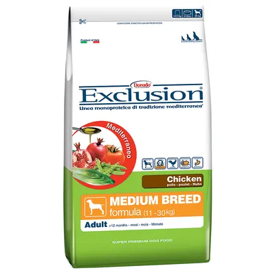 Exclusion Dorado hrană uscată pentru câini adulți de talie medie (11–30 kg), pui. Ambalaj 12,5 kg. Linie monoproteică de tradiție mediteraneană. Pentru câini >12 luni.