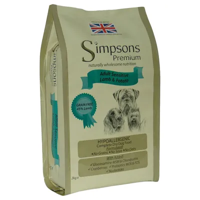 Simpsons Premium Adult Sensitive Lamb & Potato, hypoallergenes Trockenfutter für Hunde, getreidefrei mit 45% Lamm, ohne Soja und Milchprodukte, Zusatz von Glucosamin, Cranberries und Präbiotika.