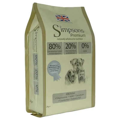 Simpsons Premium Trockenfutter für Hunde, 80% Huhn/Fisch/Pute, 20% Obst/Gemüse/Kräuter, 0% Getreide. Mit Glucosamin, MSM, Chondroitin, Cranberries und Präbiotika FOS. 2kg Packung.