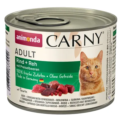 animonda CARNY ADULT Rind + Reh mit Preiselbeeren, 100 % frische Zutaten, Ohne Getreide, Made in Germany. Photo d’une boîte avec un chat roux et morceaux de viande.