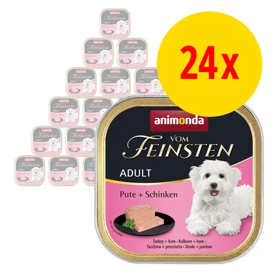 Lot de 24 barquettes Animonda Vom Feinsten Adult Pute + Schinken, dinde et jambon, avec image d’un chien blanc sur l’emballage. Texte visible en allemand et anglais.