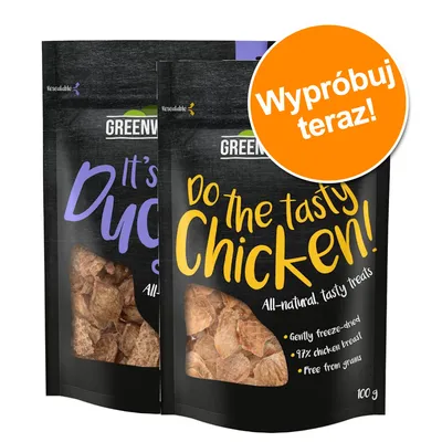 GREENWILD Do the tasty Chicken! 100 g, przysmak z piersi kurczaka, liofilizowany, bez zbóż. Z boku widoczna paczka It's Duck. Pomarańczowe koło z napisem: Wypróbuj teraz!