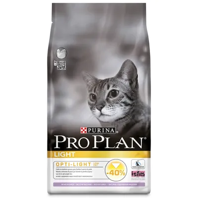 Опаковка PURINA PRO PLAN LIGHT за котки, надпис OPTI-LIGHT LOW FAT, -40 %, изображение на сива котка, информация за високо съдържание на пуйка и ниско съдържание на мазнини.