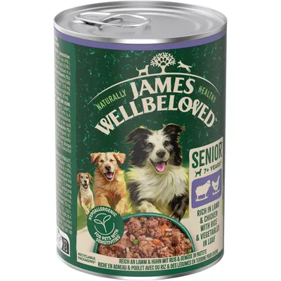 James Wellbeloved Senior 7+ anni, ricco di agnello & pollo con riso & verdure in pâté, ipoallergenico, confezione riciclabile.