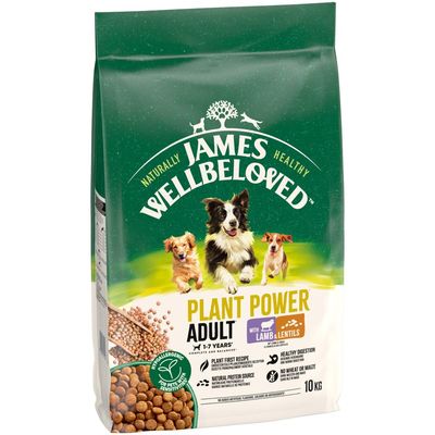 Bowl with brown dry food pellets, a green tree logo with a dog and cat in the centre at the top.
