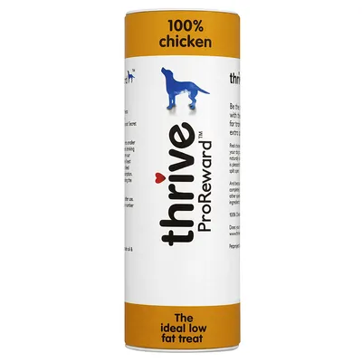 Ambalaj thrive ProReward, text vizibil: 100% chicken, The ideal low fat treat. Imaginea arată un recipient cilindric cu design alb-galben și siluetă albastră de câine. Ambalaj thrive ProReward, text vizibil: 100% chicken, The ideal low fat treat. Imaginea arată un recipient cilindric cu design alb-galben și siluetă albastră de câine.