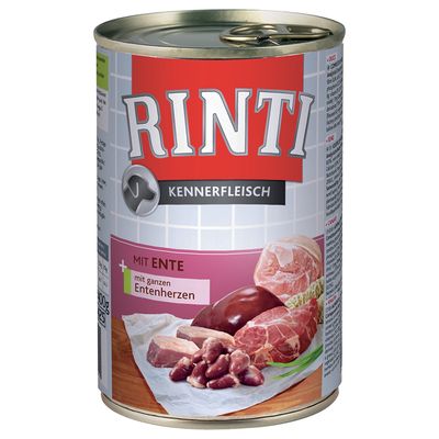 Консерва Rinti Kennerfleisch mit Ente, mit ganzen Entenherzen. На упаковке изображены куски мяса и субпродукты. Текст на немецком языке.