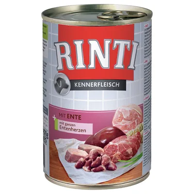 Conservă Rinti Kennerfleisch, text vizibil: Mit Ente, mit ganzen Entenherzen. Imagine cu bucăți de carne și organe pe ambalaj.