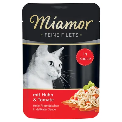 Miamor Feine Filets cat food pouch, visible text: In Sauce, mit Huhn & Tomate, Helle Filetstückchen in delikater Sauce. Image of white cat and chicken with tomato in sauce.