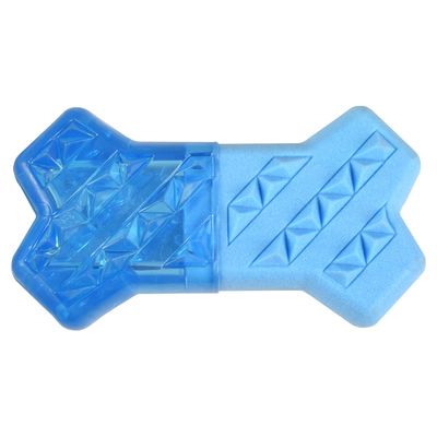 Giocattolo da masticare blu a forma di osso con superfici strutturate e area in plastica trasparente.