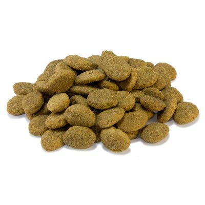 Croquettes marron en forme de palets, présentées en tas sur fond blanc. Aucun emballage ni marque visible.