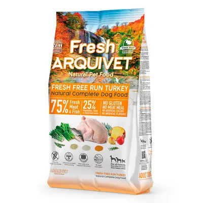 Arquivet Fresh Free Run Turkey Natural alimento completo para perros. 75% carne y pescado, 25% verduras, frutas y hierbas. Sin gluten, colorantes ni aromas artificiales. Apto para todas las razas.