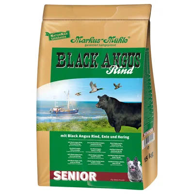 Markus-Mühle Black Angus Rind Senior, koudgeperst, met rund, eend en haring. Voor oudere honden. Verpakkingsgrootte: 15 kg.