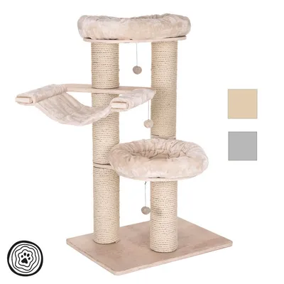 Tiragraffi per gatti con tre colonne in sisal, due letti rotondi imbottiti, un'amaca in tessuto beige e due palline pendenti. Opzioni colore: beige e grigio.