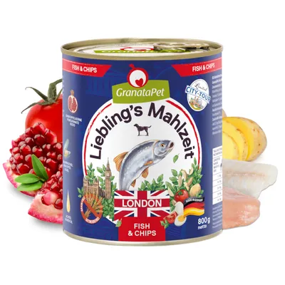 GranataPet Liebling's Mahlzeit London Fish & Chips, консерва 800g. Съставки: риба, картофи, нар, домат. Произведено в Германия. GranataPet Liebling's Mahlzeit London Fish & Chips, консерва 800g. Съставки: риба, картофи, нар, домат. Произведено в Германия.