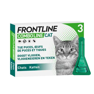 Frontline Combo Line Chat, tue les puces, œufs de puces et tiques. Emballage avec image d’un chat et applicateur vert. Convient aux chats.