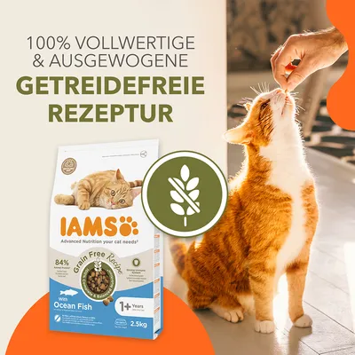 IAMS Katzenfutter mit getreidefreier Rezeptur, Ocean Fish, 2.5kg. 100% vollwertig & ausgewogen. Geeignet für Katzen ab 1 Jahr. 84% tierisches Protein.