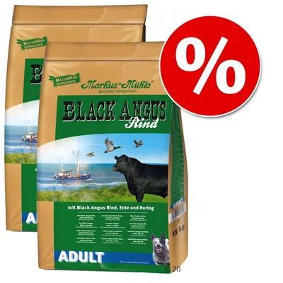 Dva paketa Markus-Mühle Black Angus Rind ADULT hrane za pse, 15 kg, s natpisom 'mit Black Angus Rind, Ente und Hering' i crvenim simbolom postotka za akciju.