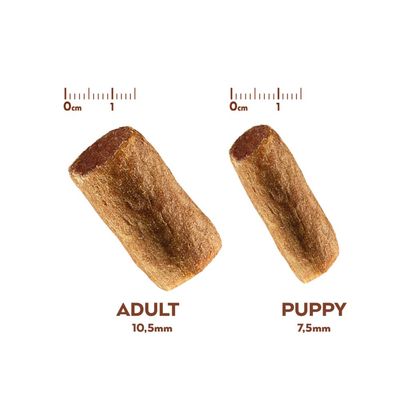 Porównanie rozmiarów przysmaków: Adult 10,5 mm i Puppy 7,5 mm z podanymi wymiarami w cm.