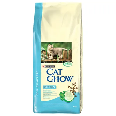 Zak Purina Cat Chow Kitten met kip, 15 kg. Op de verpakking: afbeelding van een kitten, tekst '80 years of expertise in nutrition', '100% complete', en brokjes afgebeeld.