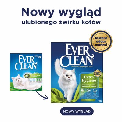 Ever Clean żwirek dla kotów Extra Hygiene, nowy design opakowania, natychmiastowa kontrola zapachów, 10 l. Porównanie starego i nowego wzoru opakowania.