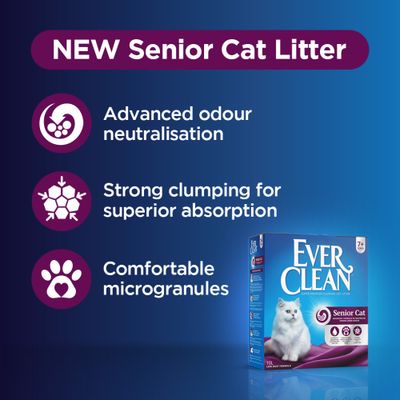 Ever Clean Senior Cat -kissanhiekka, pakkauksessa mainostekstit englanniksi: advanced odour neutralisation, strong clumping for superior absorption, comfortable microgranules.
