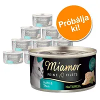 Miamor Feine Filets Huhn & Thun Naturell macskaeledel konzerv, 100% filet felirattal. Narancssárga körben: Próbálja ki! Több konzerv egymás mellett látható.