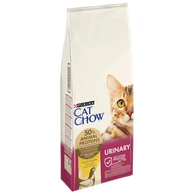 Purina Cat Chow Urinary, 50% животински протеини, богато на пиле, с естествен пребиотик, без изкуствени оцветители и консерванти.