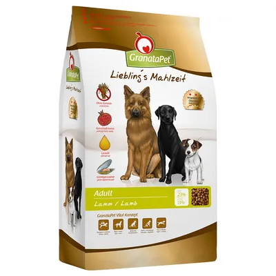 GranataPet Lieblińs Mahlzeit Adult Lamm hundfoder, synliga ingredienssymboler: granatäpple, laxolja, grönläppad mussla. Text: 23 % protein, 13 % fett.