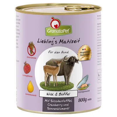 GranataPet Liebling's Mahlzeit pro psy, Wild & Büffel, bez obilovin, granátová jablka, slunečnicový olej, 800 g. Vyrobeno v Německu. S batáty, brusinkami a slunečnicovým olejem. GranataPet Liebling's Mahlzeit pro psy, Wild & Büffel, bez obilovin, granátová jablka, slunečnicový olej, 800 g. Vyrobeno v Německu. S batáty, brusinkami a slunečnicovým olejem.
