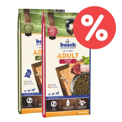 Bosch High Premium Concept Adult Hundefutter ab 12. Monat, Varianten mit Geflügel und mit Lamm & Reis, 15kg, ohne Weizen, ausgewogenes Nährstoffangebot, Rabatt-Symbol sichtbar. Bosch High Premium Concept Adult Hundefutter ab 12. Monat, Varianten mit Geflügel und mit Lamm & Reis, 15kg, ohne Weizen, ausgewogenes Nährstoffangebot, Rabatt-Symbol sichtbar.