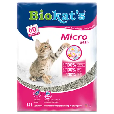 Biokat's Micro Fresh klumpströ med sommardoft, 14L. Upp till 100% luktbindning, dammfri och extra fin kornstorlek. Made in Germany.
