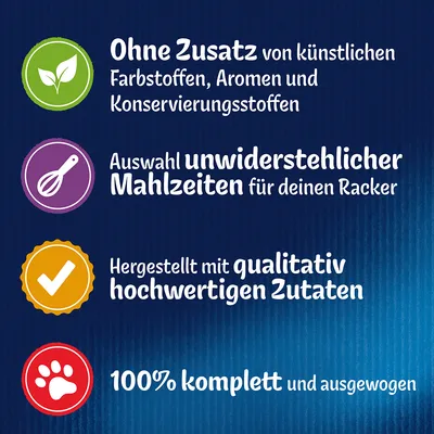 Ohne Zusatz von künstlichen Farbstoffen, Aromen und Konservierungsstoffen. Auswahl unwiderstehlicher Mahlzeiten. Hergestellt mit hochwertigen Zutaten. 100% komplett und ausgewogen.