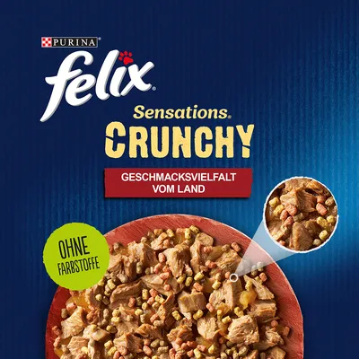 Purina Felix Sensations Crunchy, Geschmacksvielfalt vom Land, ohne Farbstoffe. Abgebildet: Mischung aus Fleischstücken und knusprigen Kroketten in einer Schale.