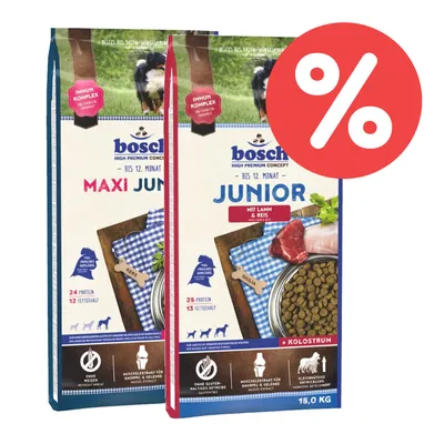 Bosch Maxi Junior und Junior mit Lamm & Reis, bis 12 Monate. Immunkomplex, ohne Weizenmehl, Muskelextrakt für Knochen & Gelenke, glutenfrei. 15 kg Packungen mit Rabatt-Symbol. Bosch Maxi Junior und Junior mit Lamm & Reis, bis 12 Monate. Immunkomplex, ohne Weizenmehl, Muskelextrakt für Knochen & Gelenke, glutenfrei. 15 kg Packungen mit Rabatt-Symbol.