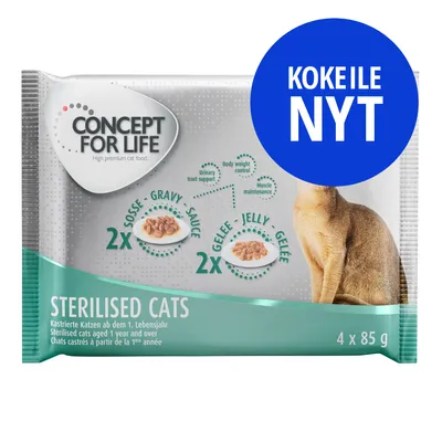 Concept for Life Sterilised Cats, 4 x 85 g annospakkaus. 2 x kastike, 2 x hyytelö. KOKEILE NYT -teksti näkyy pakkauksessa. Näkyvissä myös englanninkielisiä tuotetietoja.