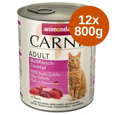 animonda Carny Adult Multifleich-Cocktail macskaeledel, 12×800g, 100% frische Zutaten, Ohne Getreide, Made in Germany feliratok láthatók a dobozon.