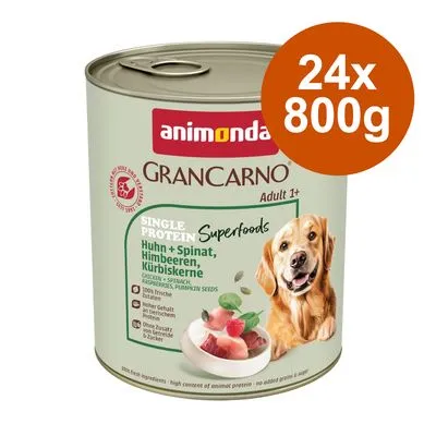 Megapakiet animonda GranCarno Adult Single Protein Superfoods, 24 x 800 g - Kurczak, szpinak, maliny i pestki dyni
