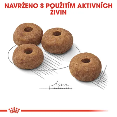 Čtyři granule s otvorem uprostřed, měřítko 1 cm, text: NAVRŽENO S POUŽITÍM AKTIVNÍCH ŽIVIN