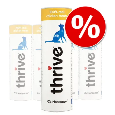 thrive 100% real chicken treats, 0% Nonsense, offre spéciale indiquée par un symbole pourcentage sur fond rouge. Texte en anglais visible sur l’emballage.