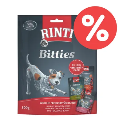 Rinti Bitties, weiche Fleischstückchen, 300g. Sorten: Huhn mit Tomate & Kürbis, Huhn mit Karotte & Spinat, Ente mit Ananas & Kiwi. Vorteils-Pack: 3x100g. Ohne Zucker. Rinti Bitties, weiche Fleischstückchen, 300g. Sorten: Huhn mit Tomate & Kürbis, Huhn mit Karotte & Spinat, Ente mit Ananas & Kiwi. Vorteils-Pack: 3x100g. Ohne Zucker.