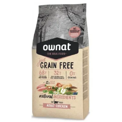 Ownat The Real Food, Just Grain Free Adult Chicken Katzenfutter. 68% tierisches Eiweiß, 32% pflanzliche Zutaten, 0% Getreide, natürliche Zutaten, ohne Farbstoffe und Konservierungsstoffe.