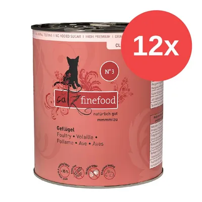 Catz Finefood No. 3 Geflügel, natürlich gut, ohne Zuckerzusatz, keine Tierversuche, 12x Dose. Zutaten und Analysewerte auf der Verpackung sichtbar. Catz Finefood No. 3 Geflügel, natürlich gut, ohne Zuckerzusatz, keine Tierversuche, 12x Dose. Zutaten und Analysewerte auf der Verpackung sichtbar.
