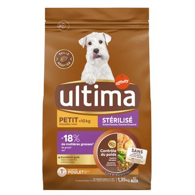 Ultima Sterilisé для маленьких собак до 10 кг, на 18% меньше жира, контроль веса, курица как основной ингредиент, без красителей и консервантов, упаковка 1,35 кг.