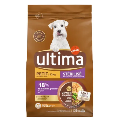 Ultima Sterilisé til små hunde under 10 kg, -18% fedtindhold, vægtkontrol, kylling som hovedingrediens, uden farvestoffer og konserveringsmidler, pakningsstørrelse 1,35 kg.
