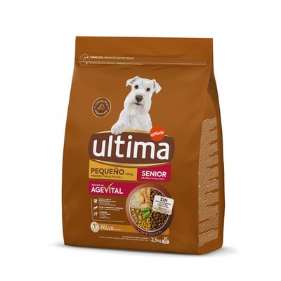 Paquet de croquettes Ultima Affinity, 2,5 kg, pour chien senior petit (<10 kg), AgeVital Senior +8, 1er ingrédient poulet, croquette adaptée, visuel d’ingrédients et croquettes.