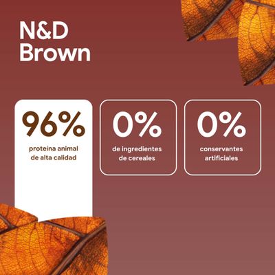 N&D Brown: 96% de proteínas animales de alta calidad, 0% ingredientes de cereales, 0% conservantes artificiales