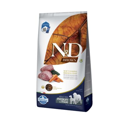 N&D Brown Soft & Shiny Brown Coat, Lamm, Spirulina und Karotte Rezept. Farmina Pet Foods Adult Dog Medium & Maxi.